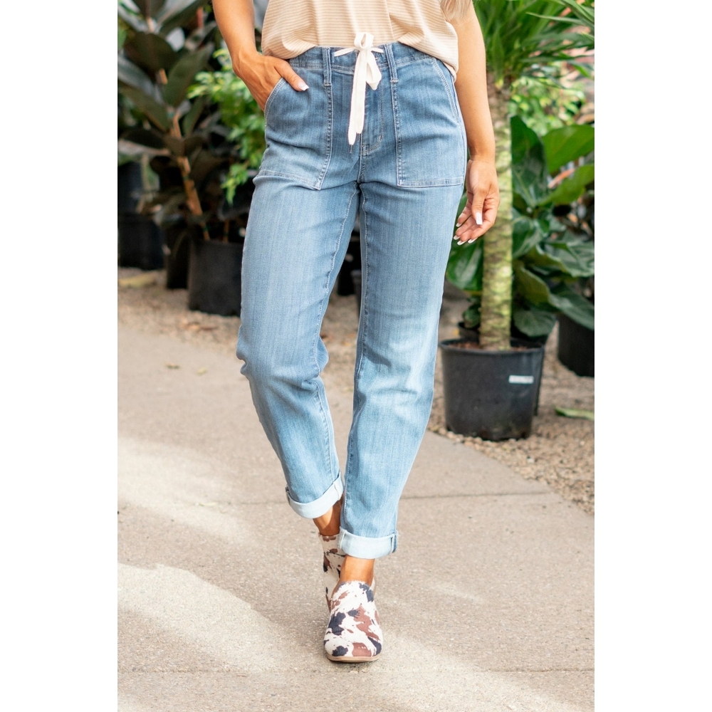JUDY BLUE High Waist Drawstring Denim Jeans Joggers Medium Blue Size 13/31 - Picture 1 of 7